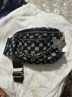 Black & Grey Jean Material Checkered Crossbody Bum Bag with Coin Purse/Chain/Toy
